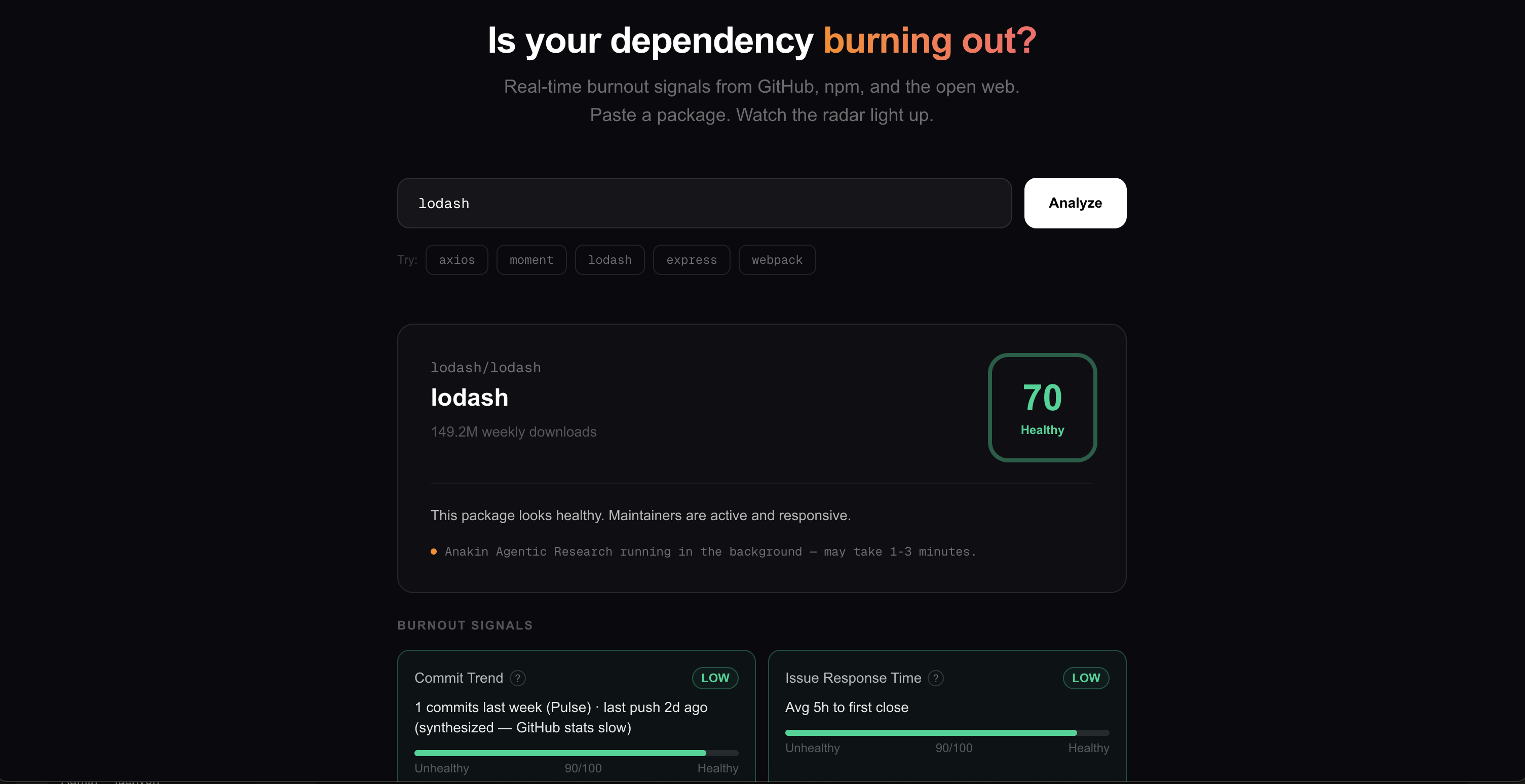 OSS Burnout Radar — package vitals monitor showing ten signals streaming in with a 0–100 burnout score