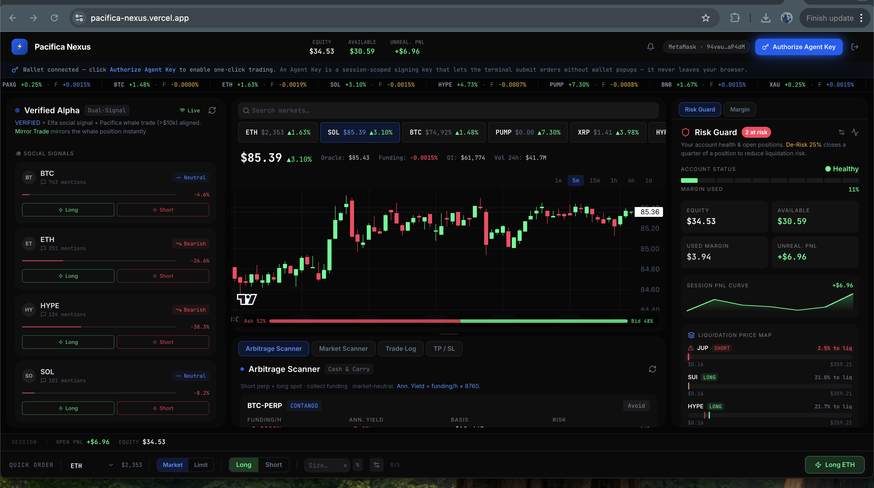 Pacifica Nexus terminal — Verified Alpha feed, candle chart, arbitrage scanner, and Risk Guard panel side by side